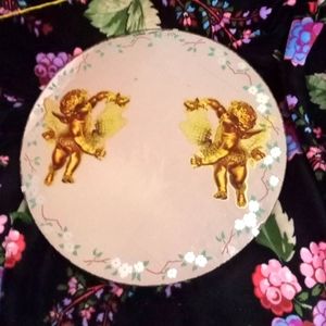 Vintage Mirror Round , Meyercord Angels Cherubs Gold Decals Style 1102-A 17.5"
